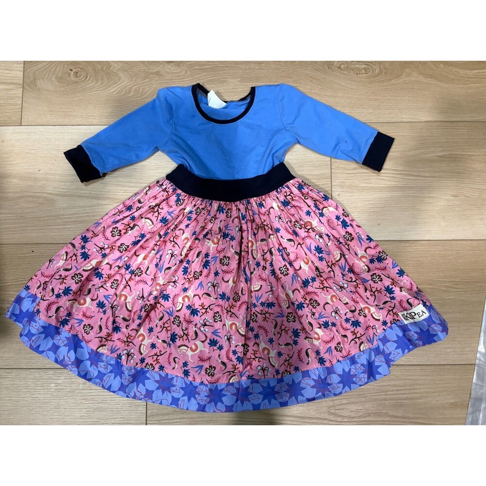 KPea Girls Blue Pink Floral Horse Dress Size 5T Boutique Made in USA Long Sleeve
